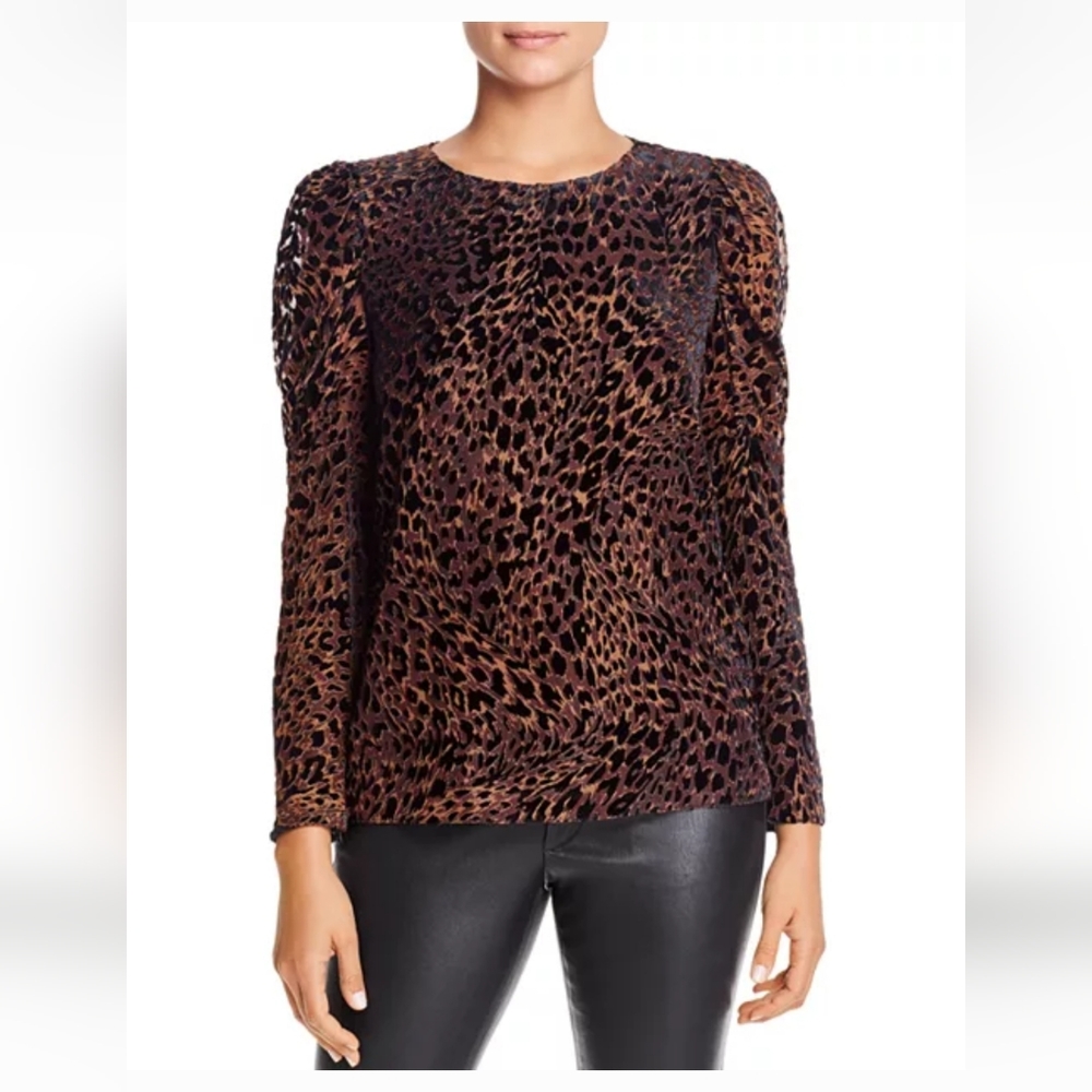 ELIE TAHARI Noelle Top Leopard Print Velvet Burnout Puff Sleeve Blouse Brown - Picture 1 of 7